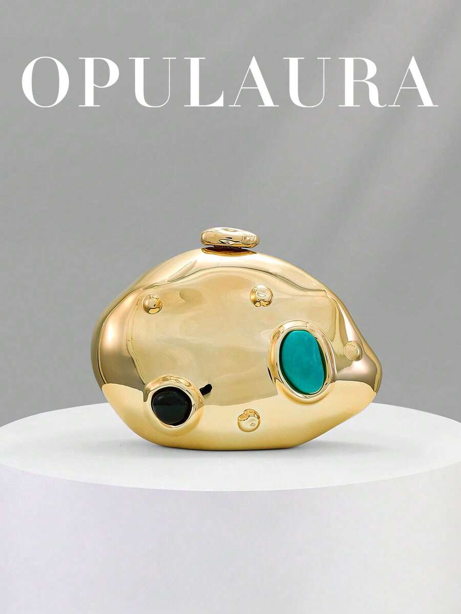 OpulAura 女款晚宴包,手拿包,斜挎包,彩色寶石鑲嵌,金色,硬殼包,時尚,奢華,優雅,極簡,個性化,多功能,適用於雞尾酒會、聚會、舞會、夜店、約會、生日、晚宴、約會之夜、舞會及其他場合 - 金色 - 查看 1