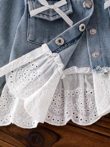 Baby Girl Light Blue Denim Jacket With Double Pockets, White Bow Decor, Frayed Hem, Patchwork Hollow Lace Trim, Sweet Denim Jacket - Light Wash - View 8