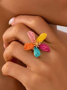 1pc Bohemian Mori Style Fresh Colorful Raffia Flower Ring, Suitable For Women's Daily Commute, Vacation, Travel, Versatile Atmosphere Accessory - Color - View 1