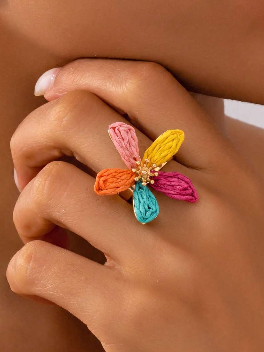 1pc Bohemian Mori Style Fresh Colorful Raffia Flower Ring, Suitable For Women's Daily Commute, Vacation, Travel, Versatile Atmosphere Accessory - Color - View 1