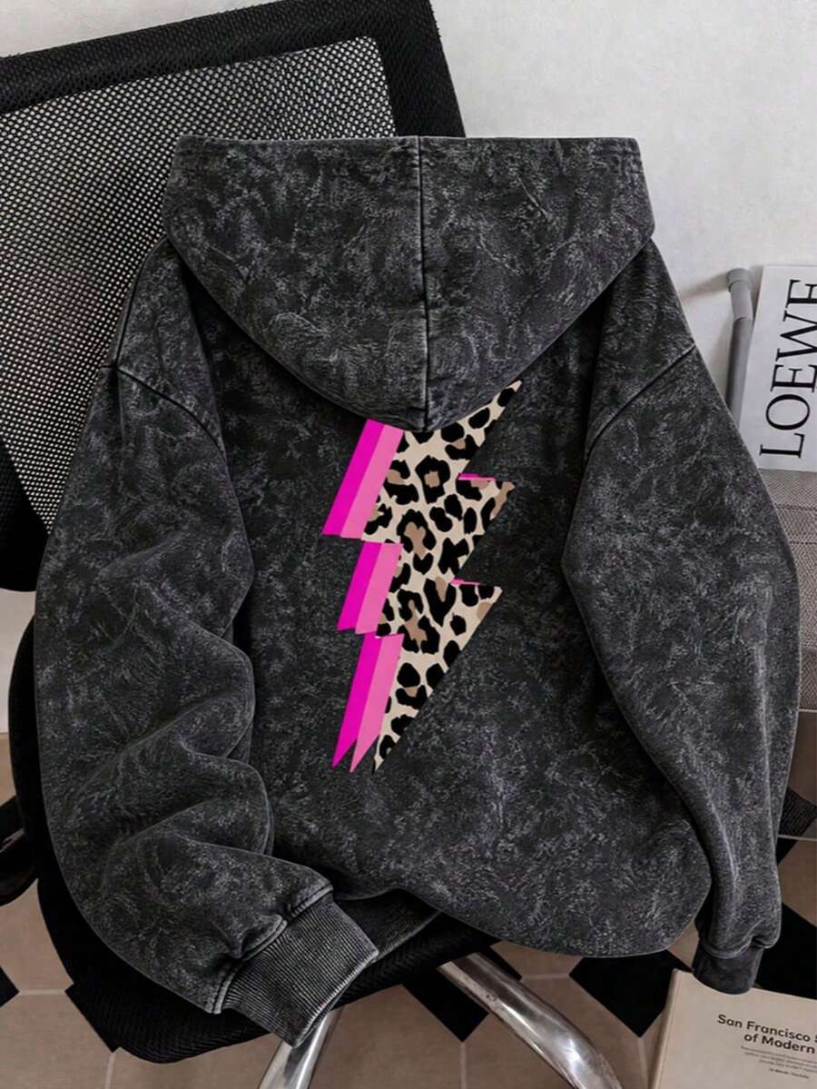1pc Tween Girl Washed Leopard Print Lightning Hooded Sweatshirt, Pink Trim Sweet Cool Style Unisex Children Spring Autumn Loose Casual Sweatshirt - Black - View 1