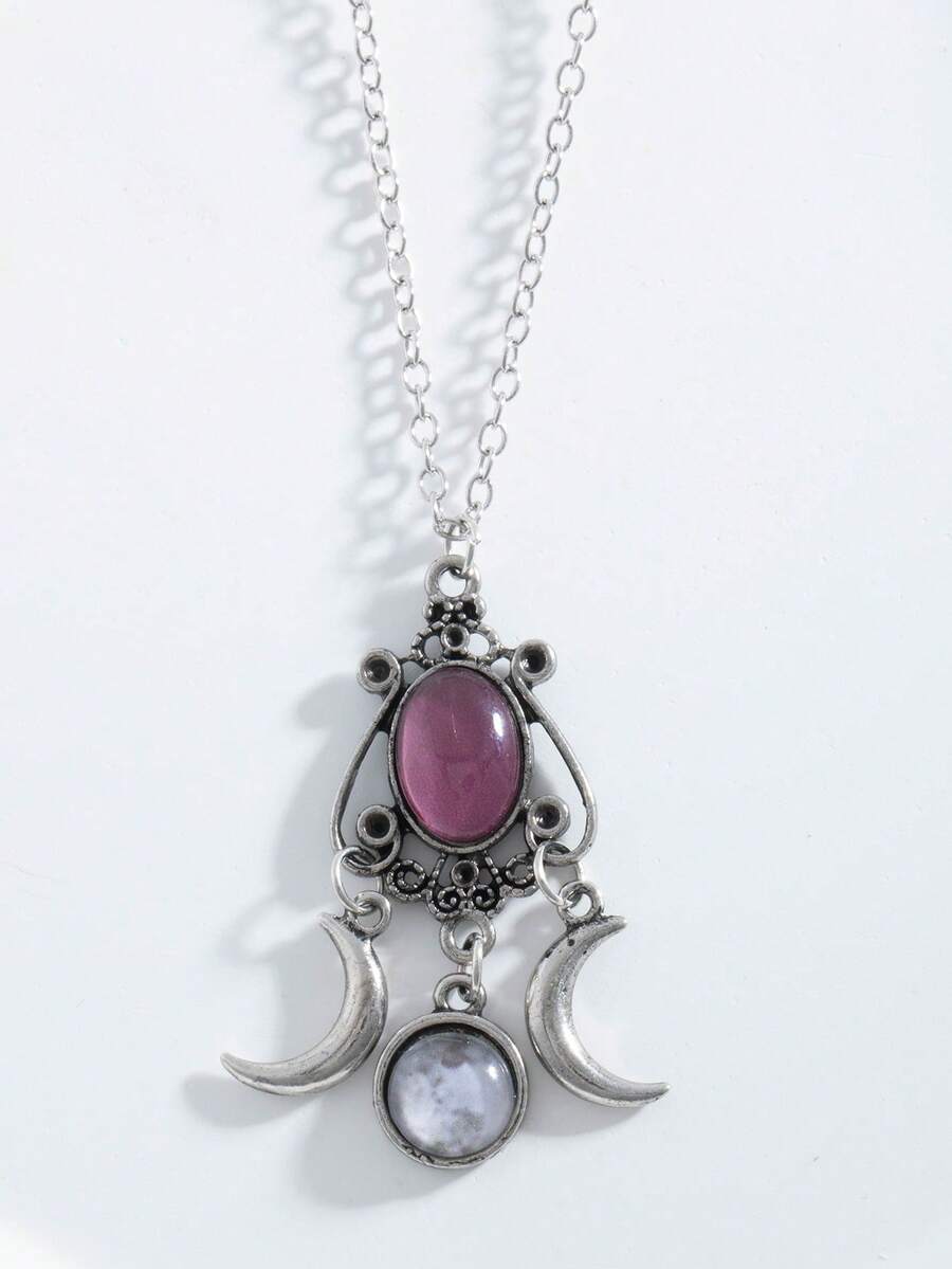 1pc Unique Creative Bohemian Style Moon Goddess Necklace With Amethyst Pendant, Great Gift For Women - Purple - View 1