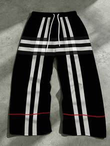 Men's Plus Size Wide Leg Pants, Minimalist Black & White Line Patchwork Print, Extra Large & Plus Size Tall Fit, Suitable For Daily Commute, All Season Wear - Black and White - View 2
