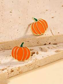 1 Pair Cute Pumpkin Shaped Stud Earrings, Halloween Enamel Exquisite Earrings, Autumn Thanksgiving Party Women Accessories (Without Card) - Style 3 - View 1