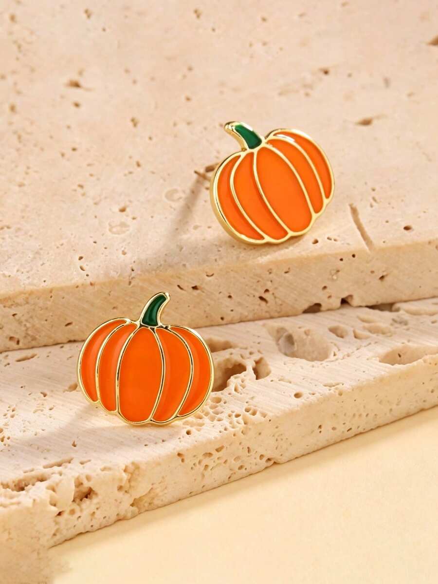 1 Pair Cute Pumpkin Shaped Stud Earrings, Halloween Enamel Exquisite Earrings, Autumn Thanksgiving Party Women Accessories (Without Card) - Style 3 - View 1