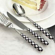 4/24pcs Unique Checkered Pattern Stainless Steel Tableware Set, Beautiful And Elegant Porcelain, Multiple Colors, Including Ceramic Handle Silverware, Creative Kitchen, Including Forks, Table Knife, Spoons, Dessert Spoon, Suitable For Daily Dining - Multicolor - View 3