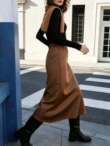Caramel Brown Elastic Waist Draped Straight Long Skirt, Autumn/Winter Commute Slimming Versatile High Waist Skirt - Mocha Brown - View 5