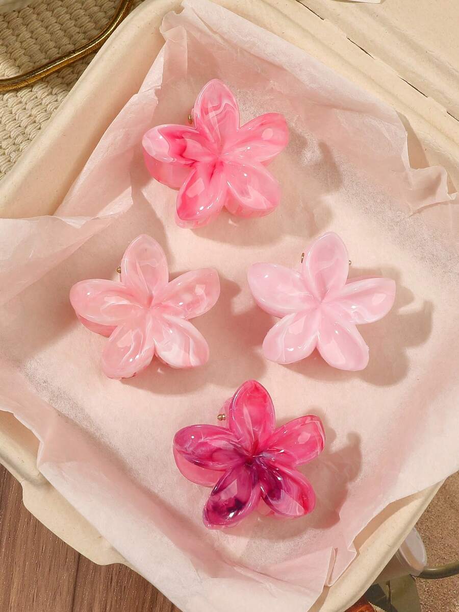 4件裝清新桃色櫻花粉大理石紋紮染甜美女孩風波西米亞度假風流蘇髮夾 - 彩色 - 查看 1