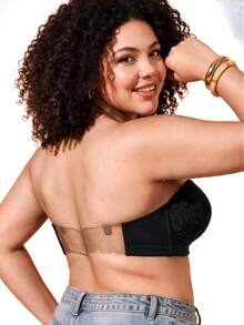 1pc Women's Plus Size Bandeau Bra, Lace Cup, Ruched Design, Front Buckle Invisible Strap Bandeau Bra, Comfortable Lift, Seamless Fit - Black - View 8