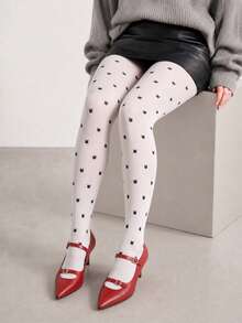 1 paire de collants blancs pour femmes avec imprimé chat noir, collants à motif chat mignon sur toute la surface pour tenues preppy, kawaii & décontractées - Blanc - Voir 5