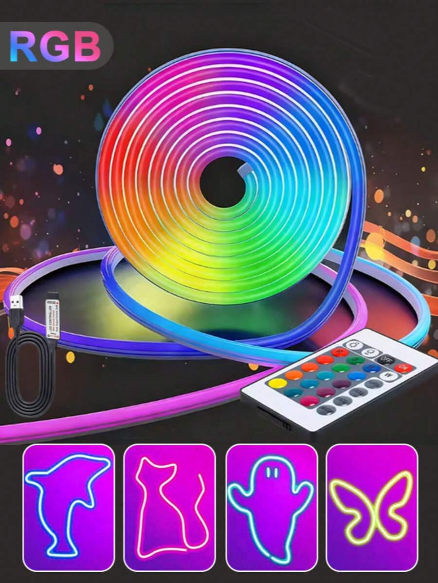USB 5V RGB Flexible Neon LED Light Strip With Infrared Remote Control, Color-Changing Bendable Silicone Neon Soft Light Bar, Cuttable Multicolor Ambient Light For TV Background, Bedroom, Gaming Room, Wall, Party Decoration - One Size Fits All - View 1