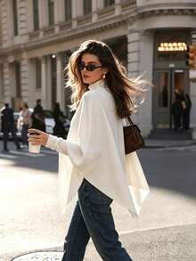 Vuslat Women's Autumn Beige Semi-High Neck Asymmetrical Cape Shawl Knit Top, Suitable For Commuting, Ball, Party, Concert, Christmas, New Year - White - View 9