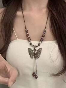 1pc Women's Bohemian Vintage Butterfly Pendant Multi-Layer Adjustable Necklace, Handmade Beaded Necklace - Brown - View 1