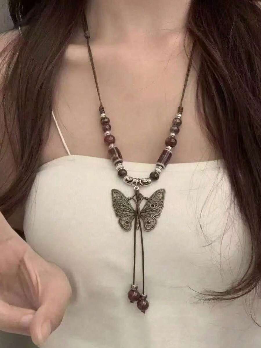 1pc Women's Bohemian Vintage Butterfly Pendant Multi-Layer Adjustable Necklace, Handmade Beaded Necklace - Brown - View 1