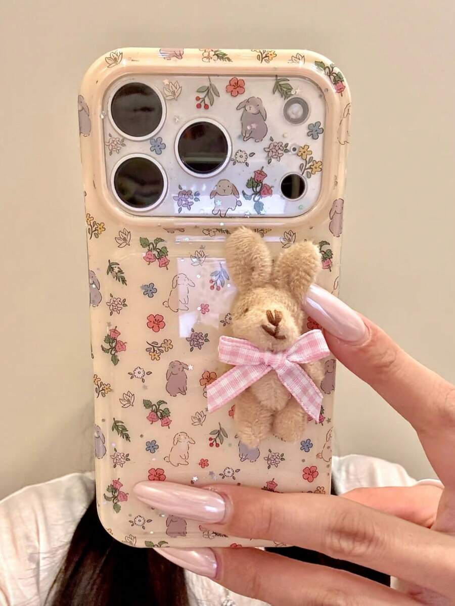 Ốp lưng điện thoại Ins sáng tạo họa tiết graffiti hoa thỏ tràn màn hình, tương thích 17 Pro, Apple 16 Pro Max, 15, 14, phong cách ngách, đệm khí chống sốc, bảo vệ toàn diện, vỏ cứng, mẫu mới - Màu Khaki - Xem 1