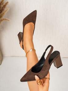 Brown Pointed Toe Suede Women's High Heel Shoes, Low Shaft, Fashionable Versatile Chunky Heel, Popular Design, Commute Minimalist Elegant Slingback Pumps - Brown - View 7