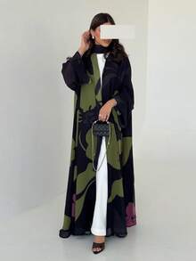 Women Abstract Print Open Front Abaya+Hijab Long Sleeve Maxi Outerwear, Modest Loose Fit Abaya - Multicolor - View 8