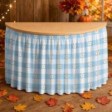 1pc Table Skirt, 2D Printed Blue & White Plaid With Daisy, Suitable For Home Decor, Holiday Decor, Party Supplies, Party Gifts, Party Event Decor, Table Decor - A - View 4