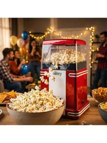 CAMRY Popcorn Maker, Popcorn Machine, Popcorn Popper, Hot Air Popcorn Popper - Retro 1950s Diner Design, 1200W, Oil-Free, Transparent Body, Anti-Slip Feet, Overheat Protection, Red - EU E Type Plug(220-240V) - View 1