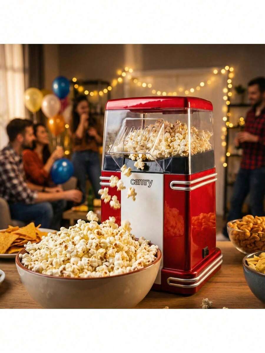CAMRY Popcorn Maker, Popcorn Machine, Popcorn Popper, Hot Air Popcorn Popper - Retro 1950s Diner Design, 1200W, Oil-Free, Transparent Body, Anti-Slip Feet, Overheat Protection, Red - EU E Type Plug(220-240V) - View 1