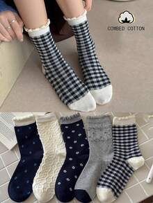 5 Pairs Women's Mid-Calf Socks With Frill Trim, Plaid And Floral Embossed Pattern, Soft Combed Cotton, Versatile Slouch Socks, Japanese Style - Multicolor - View 7