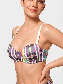 Women's Colorful Geometric Print Push Up Bra Boho Fixed Straps Deep V Balconette Sexy Y2K Lingerie - White - View 4