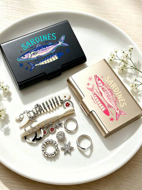 Jewelry Storage Box With Colorful Sardine Pattern; Jewelry Organizer Box. Aluminum Alloy Jewelry Storage Box, Travel Jewelry Storage Box, Metal Business Card Holder, Daily Use Jewelry Box, Accessory Storage, Suitable For Small Earrings, Rings, Pendants, Birthday Gift, Halloween Christmas Gift