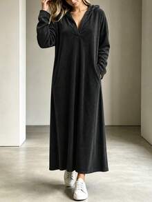 Plus Size Women's Vertical Ribbed Texture Drape Straight Hooded Maxi Dress, Loose Drop Shoulder Long Sleeve Tummy-Covering Versatile Casual Textured Sweatshirt Dress, Suitable For Daily Wear, Home And Outings - Black - View 1