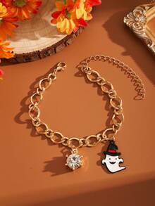 1pc Halloween Pumpkin Witch Hat Dangle Rhinestone Bracelet Adjustable Gold Wavy Chain Party Jewelry - Gold - View 9