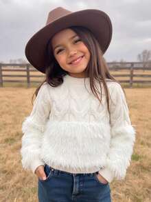 Girls' Sweet Solid Color 3D Cable Knit Patchwork Plush Round Neck Long Sleeve Sweater, Soft Casual Versatile Pullover For Daily Wear, School, Spring, Autumn, Winter - Apricot - View 1