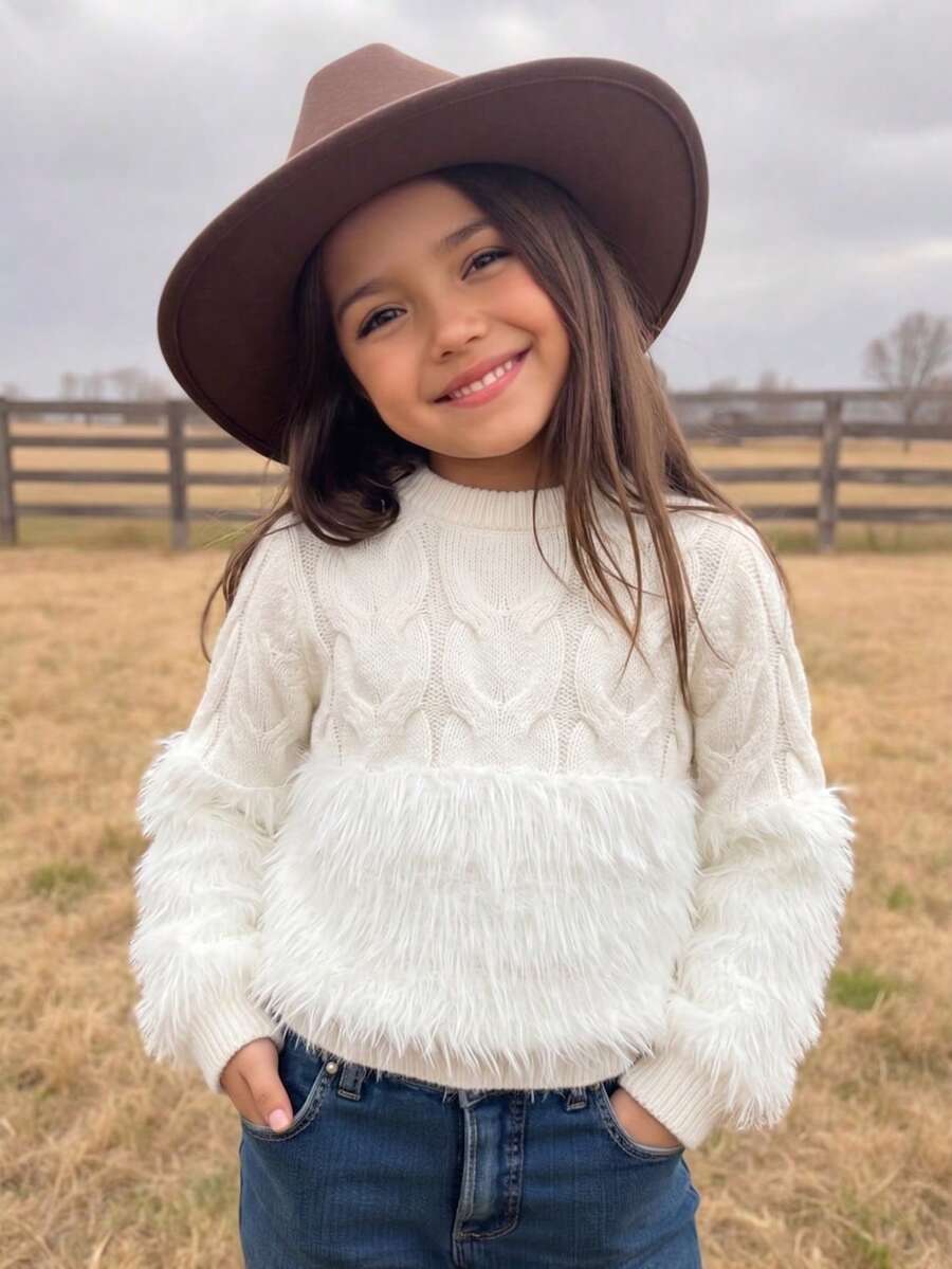Girls' Sweet Solid Color 3D Cable Knit Patchwork Plush Round Neck Long Sleeve Sweater, Soft Casual Versatile Pullover For Daily Wear, School, Spring, Autumn, Winter - Apricot - View 1