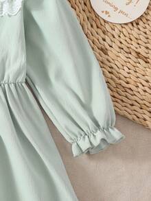 Girls French Sweet Embroidered Floral Dress, Light Green Long Sleeve Lace Collar Button Princess Dress, Baby Spring Autumn Stylish Dress - Green - View 4