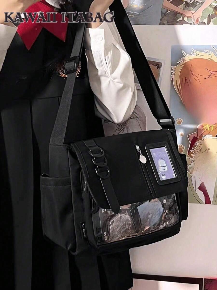 Y2K 日系原宿風青少年女孩書包 2026 新款透明痛包 斜挎包 DIY 徽章展示板痛包 - 黑色 - 查看 1