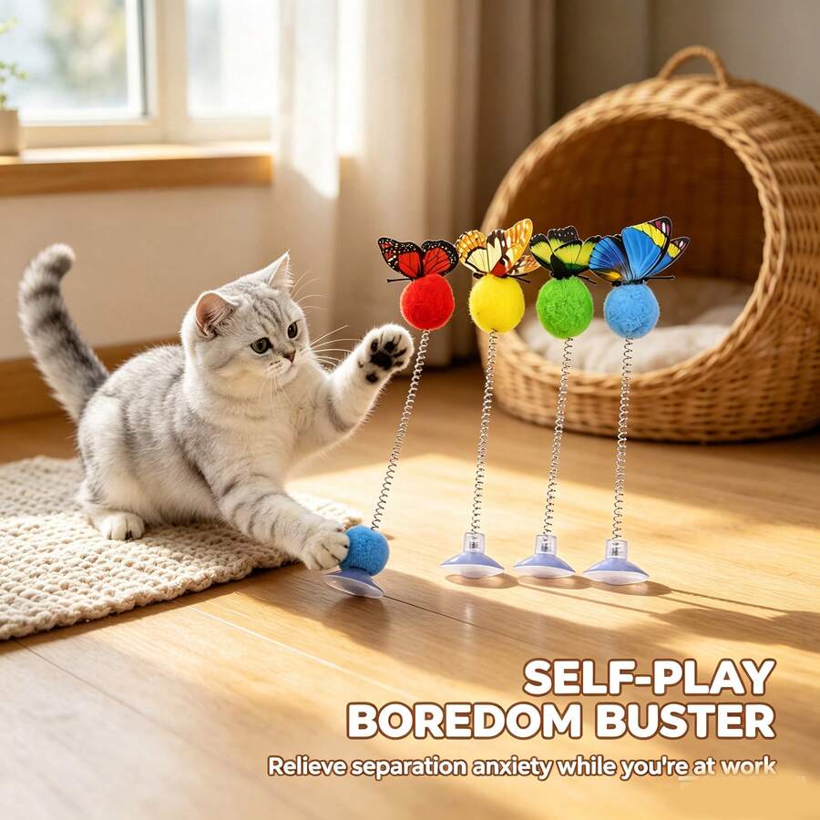 Suction Cup Base Metal Spring Cat Teaser Toy With Plush Ball, Interactive Cat Toy, No Battery Required, Vibrant Colors Suitable For All Cat Breeds, Stimulates Hunting Instincts, Simulates Hunting Scenes, Indoor Boredom Relief, Active Mind And Body, Fun Cat Teaser Gadget - Multicolor - View 1