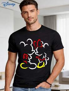 Disney 1pc Men's Short Sleeve T-Shirt, Loose Fit, Mickey Mouse And Minnie Mouse Graphic Print, Round Neck, Slightly Elastic - Black - View 1