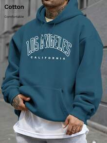 Autumn Winter Men's Cotton Loose Hooded Pocket Sweatshirt With Los Angeles California White Print, Casual Street Sporty Look - Peacock Blue - View 2
