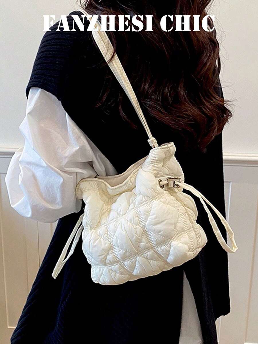 Women's Ruched Texture Bucket Bag With Adjustable Spaghetti Strap, Loose Multi-Compartment Storage, Drawstring Closure, Niche Style, Versatile Crossbody Shoulder Bag For Daily Wear, Dating, Parties, Travel, Shopping And Casual Outings - Beige - View 1