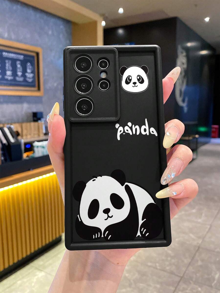 1pc Fashion Pure Android TPU Material Sleeping Panda Element Pattern Lens Protection Thick Anti-Fall Anti-Fingerprint Black Diamond Sand Phone Case Suitable For Samsung/Transsion/HONOR/ - Black - View 1