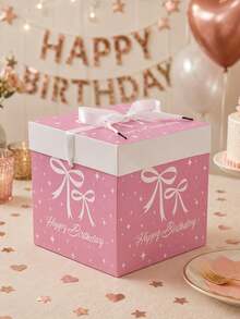 1Pc Pink Bow Knot Birthday Gift Box With Lid & Ribbon, 22*22*22cm Square Party Favor Box For Girls Birthday Gift Wrapping Decor - Ribbon Bow Gift Box With Lid (Includes Ribbon) - View 2