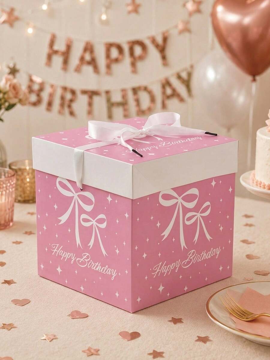 1Pc Pink Bow Knot Birthday Gift Box With Lid & Ribbon, 22*22*22cm Square Party Favor Box For Girls Birthday Gift Wrapping Decor