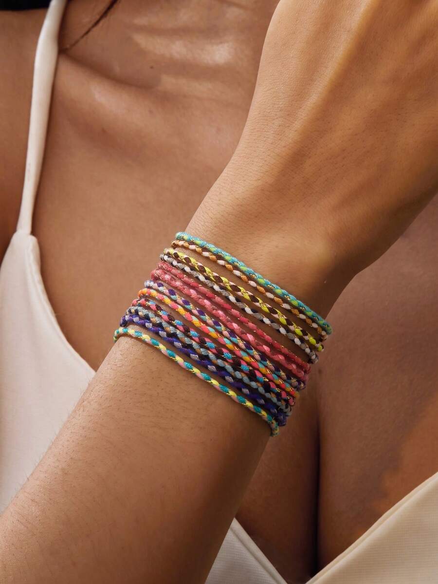 1 Set Bohemian Dopamine Colorful Contrast Woven Bracelet, Suitable For Women's Daily Commute, Holiday, Gift-Giving, Versatile Accessory - Multicolor - View 1