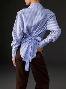 Women's Elegant Commute Chic Waist-Cinching Design Lapel Long Sleeve Striped Shirt (With Shoulder Pads) Front Button Asymmetrical/Asymmetrical Daily Date - Blue and White Stripes - View 2