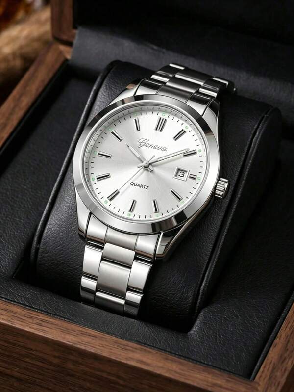 1PC Men's Quartz Watch Business Casual Minimalist Bar Scale With Calendar Function Silver Dial For Daily Wear Decoration Or Father's Day Graduation Season Birthday Various Holiday Gifts For Boyfriend And Father