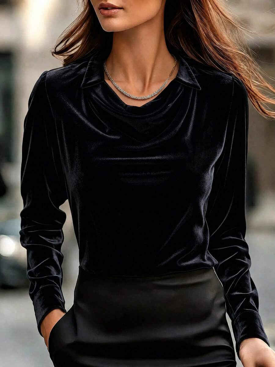Plus Size Women's Black Cowl Neck Ruched Long Sleeve Top, Belly-Flattering Slimming Elegant Luxury Commuter Blouse, Inclusive For And Plus Size Figures, Luxury Commuter Style, Suitable For Workplace, Gatherings, Daily Outings And Other Occasions - Black - View 1