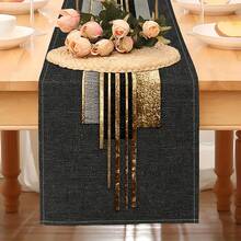 1pc Black & Gold Geometric Patchwork Table Runner, Fashionable Multi-Purpose Table Runner Suitable For All Seasons, Featuring Metallic Color Block Style, Printed Polyester Tablecloth With Clear Division Lines, Suitable For Home Decor And Holiday Occasions, Size 13x36/13x72/13x78.7 Inches - Black and Gold - View 5