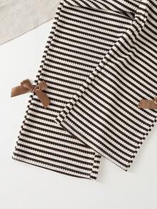 2pcs/Set Spring/Autumn Girls Long Sleeve Outfit, Bowknot Striped Crew Neck Long Sleeve Top With Elastic Waist Wide Leg Pants - Brown - View 8