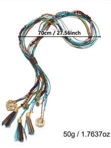 1pc Bohemian Tassel Long Necklace, Multi-Strand Colorful Beaded Y-Shaped Leather Cord Sweater Chain With Tassel Pendant, Suitable For Women's Daily Wear - Blue - View 7