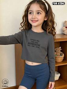 Girls Crew Neck Loose Long Sleeve Top, Fall   Winter Cotton Top, Girls Street Style Clothing - Grey - View 3