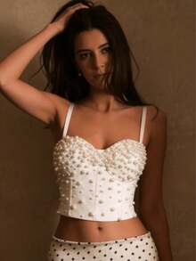 2026 Summer New Pearl Rhinestone Strapless Bustier Corset Top, Slimming Fitted Fishbone Bodice, Sparkling Holiday Outfit Fashion Tank Top For Women - White - View 3