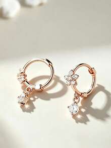 S925 Sterling Silver Delicate Mini Version Simple Personalized Fresh Classic Full Rhinestone Five-Petal Flower Fashion Versatile Family Friends Couples Gift Elegant Earrings (Suitable For Daily Wear) - Rose Gold - View 4